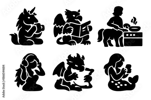 Mythical Creatures at Home. Solid vector icons of mythological creatures at home: unicorn with coffee, griffin with newspaper,