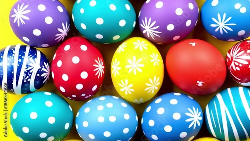 vibrant yellow background features colorful easter scene painted eggs flowers decorative elements vertical composition