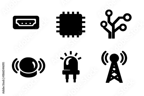 Futuristic Gadget Icons. Solid vector icons of futuristic gadgets: USB port, microchip, circuit, sensor, LED, antenna No text, No
