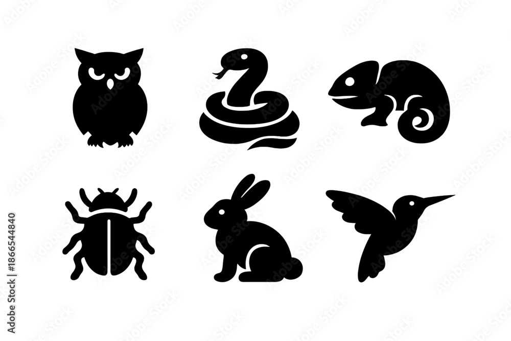 Fototapeta premium Animal Icon Collection. Solid vector icons of land and air animals: owl, snake, chameleon, beetle, rabbit, hummingbird No text, No