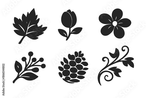Seasonal Plant Icons. Solid vector icons of seasonal plants: leaf, bud, flower, branch, pinecone, vine No text, No labels,