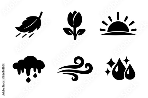 Nature's Transitions Icons. Solid vector icons of transitional effects: falling leaf, budding flower, rising sun, melting snow,