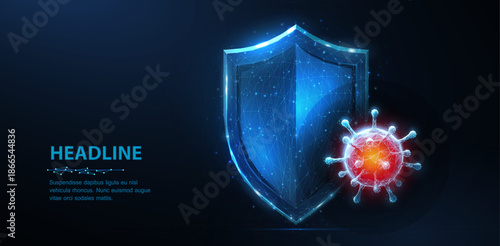 Shield vs virus. Abstract vector 3d shield viral microbe vs blue shield isolated. Computer virus safety, bacterial protection, pandemic fight, medical healthcare, insurance, antivirus firewall concept