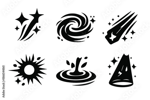 Abstract Motion Icons. Solid vector icons of abstract motion effects: spark, swirl, trail, glow, ripple, beam No text, No labels,
