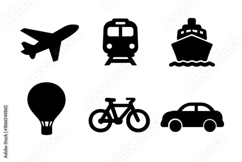 Transport Icons Collection. Solid vector icons of transport modes: airplane, train, ship, hot air balloon, bicycle, car No text,