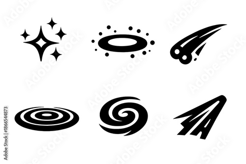 Floating Object Icons. Solid vector icons of floating objects and effects: spark, glow, trail, ripple, swirl, beam No text, No
