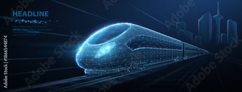 Fast express passenger train on high speed intercity railway moving from city. Futuristic technology. Modern town cityscape. 3d abstract railroad travel concept

