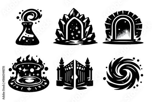 Magical Gateway Icons. Solid vector icons of portals and magical gateways: lab flask portal, crystal doorway, glowing arch, rune