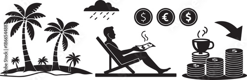 Beach vacation and passive income concept with man relaxing under palm trees and money coins growing