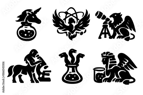 Mythical Science Icons. Solid style icons of Mythical Experiments: vial unicorn, atom phoenix, telescope griffin, microscope