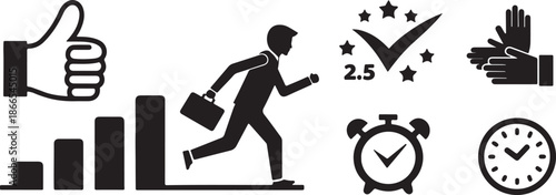 Business career advancement and high performance success with running businessman and positive rating