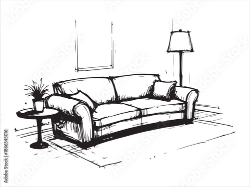 Sketch of a cozy living room with sofa and lamp