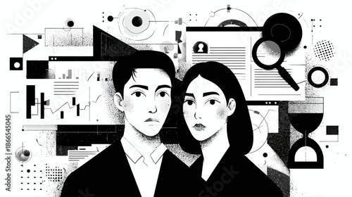 Young business professionals with abstract data analysis, career search, and technology graphics. Modern monochrome illustration.