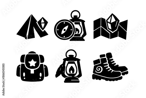 Exploration Gear Icons. Solid style icons of Exploration Gear: tent prism, compass lantern, map crystal, backpack star, lantern
