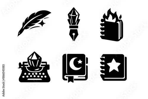 Imaginative Writing Icons. Solid style icons of Imaginative Writing: quill comet, pen crystal, notebook flame, typewriter prism,
