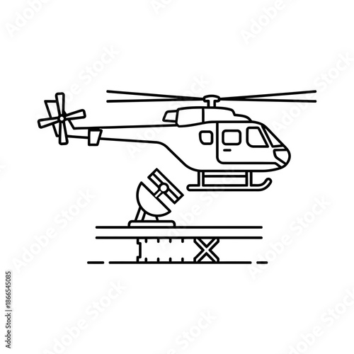 Outline style helicopter landing on helipad near radar station aviation safety scene Vector illustration