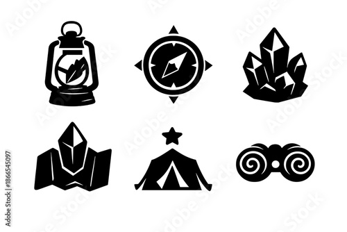 Expedition Gear Icons. Solid style icons of Expedition Gear: lantern feather, compass crystal, map prism, tent star, backpack