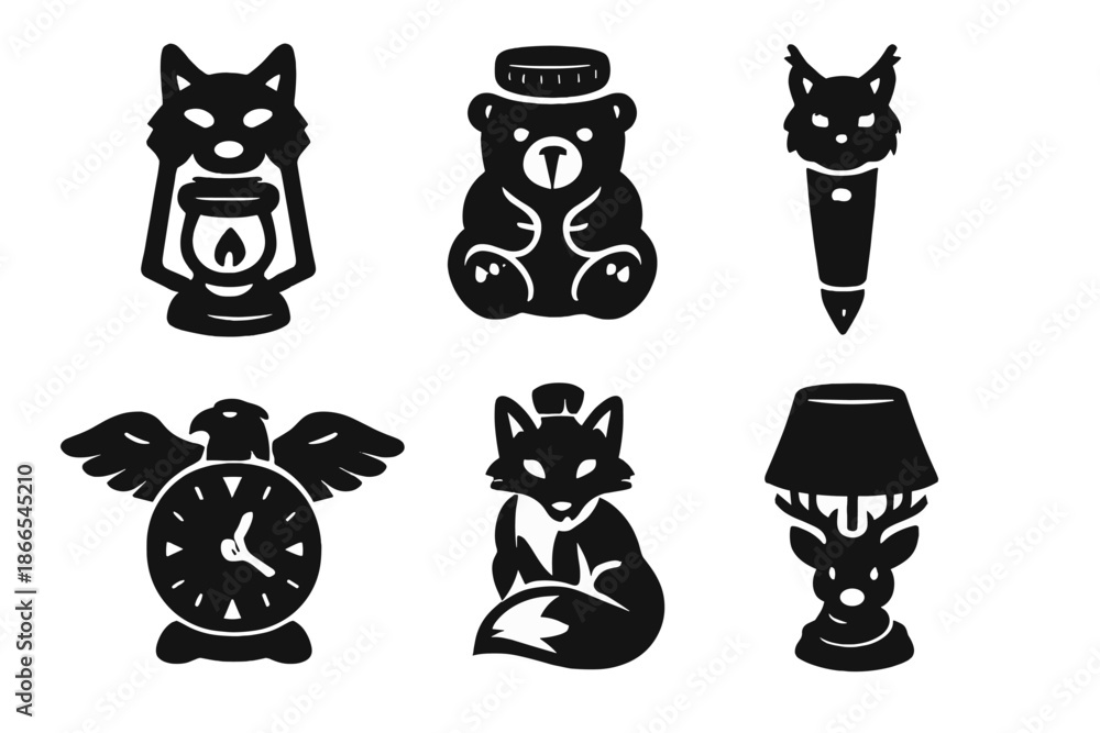 Fototapeta premium Wild Animal Icons. Solid style icons of Wild Animal Objects: wolf lantern, bear jar, lynx pen, eagle clock, fox bottle, deer lamp