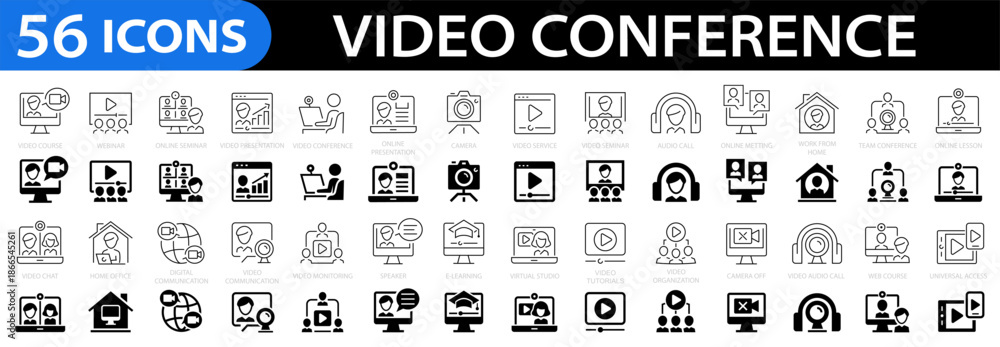 Fototapeta premium Video conference icon set. Group call icons. Seminar teamwork, remote meeting, online meeting, webinar and more. Editable stroke. Vector illustration