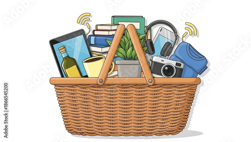 A colorful illustration of a wicker basket filled with various items for a relaxing day outdoors