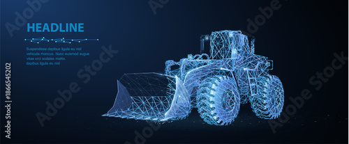 Drone. Low poly 3D tractor in digital wireframe style. Smart agriculture machinery, autonomous farming technology, futuristic vehicle, industrial innovation concept. Polygonal illustration.