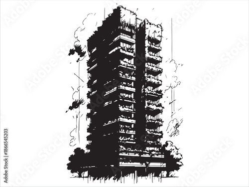 Sketch of a tall building with smoke in the background