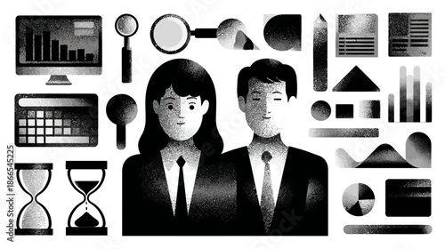 Business professionals, data analysis elements, charts, and time management. Concept for corporate strategy, analytics, and teamwork.