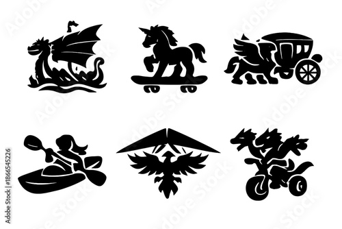 Legendary Journey Icons. Solid style icons of Legendary Journeys: dragon sailboat, unicorn skateboard, griffin carriage, mermaid