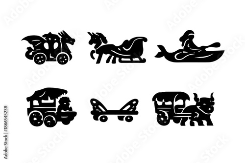 Legendary Vehicle Icons. Solid style icons of Legendary Vehicles: dragon carriage, unicorn sleigh, mermaid kayak, troll wagon,