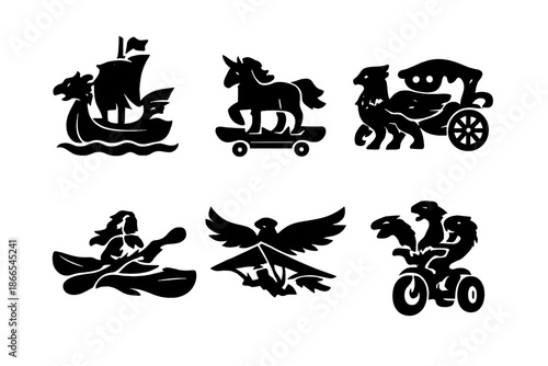 Legendary Journey Icons. Solid style icons of Legendary Journeys: dragon sailboat, unicorn skateboard, griffin carriage, mermaid