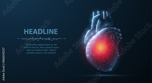 Heart. Abstract 3d vector human heart isolated on blue. Anatomy, cardiology medicine, organ health, medical science, life healthcare, cardio illness concept illustration or background

