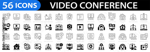 Video conference icon set. Group call icons. Seminar teamwork, remote meeting, online meeting, webinar and more. Editable stroke. Vector illustration
