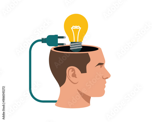A man's head with a lightbulb and electrical cord symbolizing a bright idea or inspiration