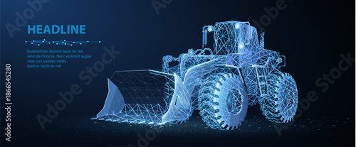 Loader. Abstract 3d wheel heavy loader polygonal illustration on blue. Construction machinery equipment, earth building bulldozer, earthmoving machine technology, industrial construction concept

