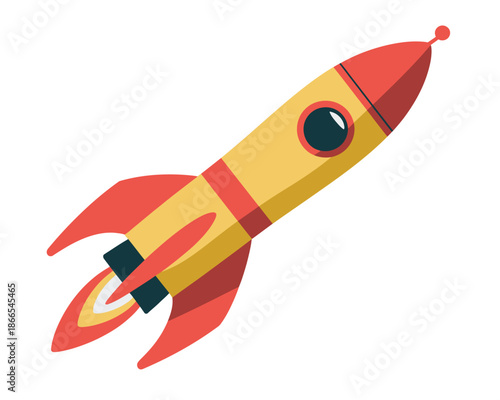A cartoon rocket ship soaring through the air with flames coming out of its engines.