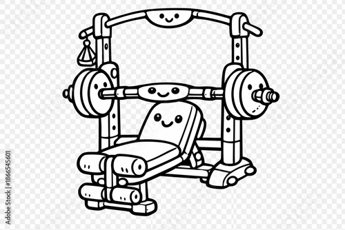 Cute Home Gym Doodle. Doodle-style vector icon of a compact home gym station in bench-press mode, friendly smiling equipment,