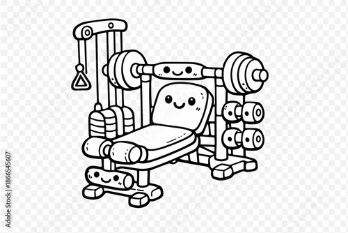 Cute Home Gym Doodle. Doodle-style vector icon of a compact home gym station in bench-press mode, friendly smiling equipment,