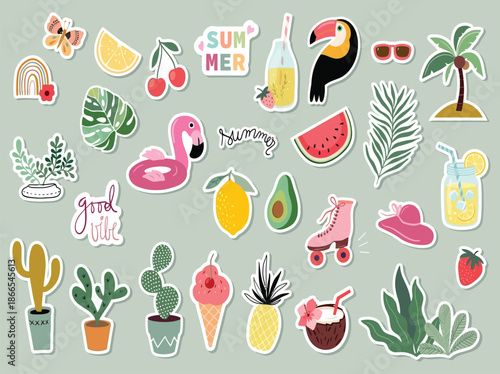 Summer stickers collection vector illustration with assorted seasonal elements and playful icons for social media, messaging apps, stickers packs, digital decoration, branding and graphic design