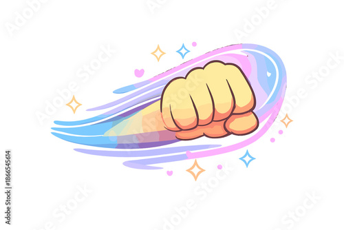 Neon Punch Trajectory. Doodle-style vector icon of a punch trajectory highlighted by a soft neon-like aura, happy energetic motion