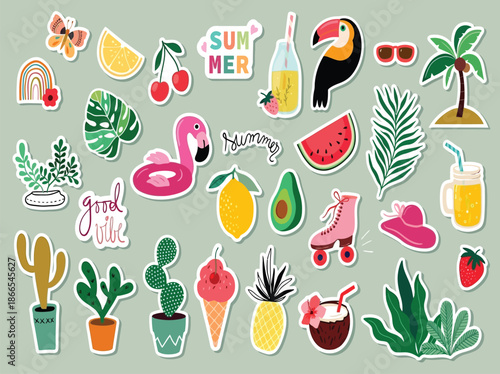 Summer stickers collection vector illustration with assorted seasonal elements and playful icons for social media, messaging apps, stickers packs, digital decoration, branding and graphic design
