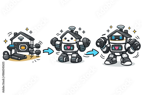 Smart Gym Transformation. Doodle-style vector icon of a smart home gym transformer completing its three-step transformation,