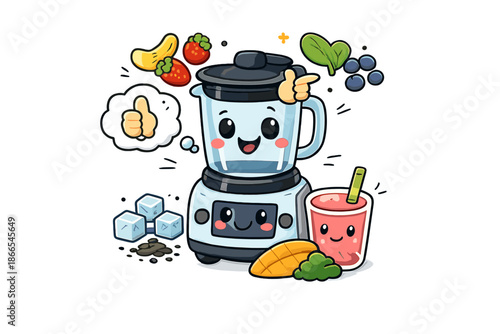 Smart Blender Icon. Doodle-style vector icon of an intelligent blender recommending a custom smoothie, smiling interface, floating