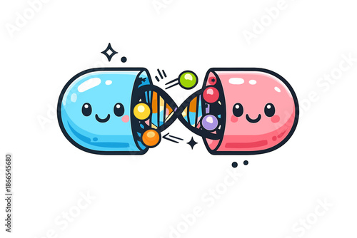 Smiling DNA Capsule Icon. Doodle-style vector icon of a nutritional capsule showing a stylized DNA core, colorful vitamin nodes