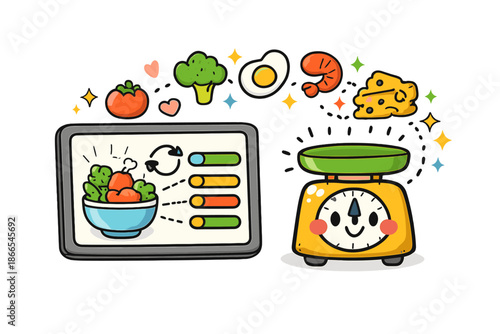 Interactive Cooking Display. Doodle-style vector icon of an interactive cooking screen recalculating nutrition in real time,