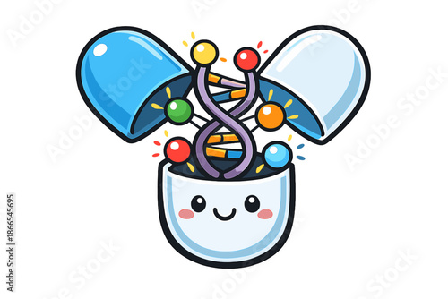 Smiling DNA Capsule Icon. Doodle-style vector icon of a nutritional capsule showing a stylized DNA core, colorful vitamin nodes