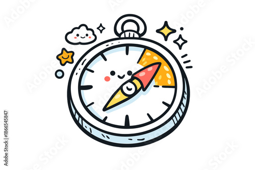 Friendly Compass Icon. Doodle-style vector icon of a strategic compass with a friendly rounded body, arrow pointing toward a