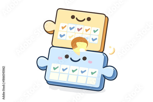 Happy Puzzle Connection. Doodle-style vector icon of a month puzzle element being locked by a completed weekly task, gentle glow
