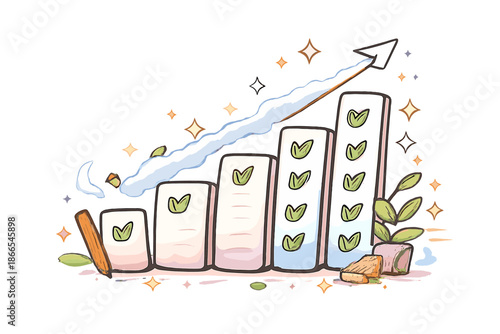 Evolving Task List. Doodle-style vector icon of an evolving task list, multiple completed items forming a tall bar graph, joyful