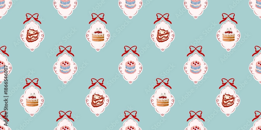 Fototapeta premium christmas seamless pattern with cake cute vintage with red ribbon Hand drawn illustration on blue background