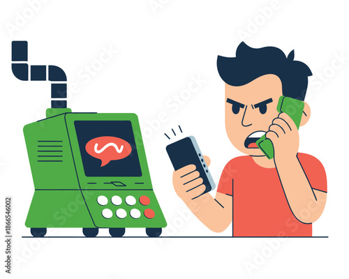 A frustrated man talks on the phone while holding another phone next to a green machine with a speech bubble on its screen.